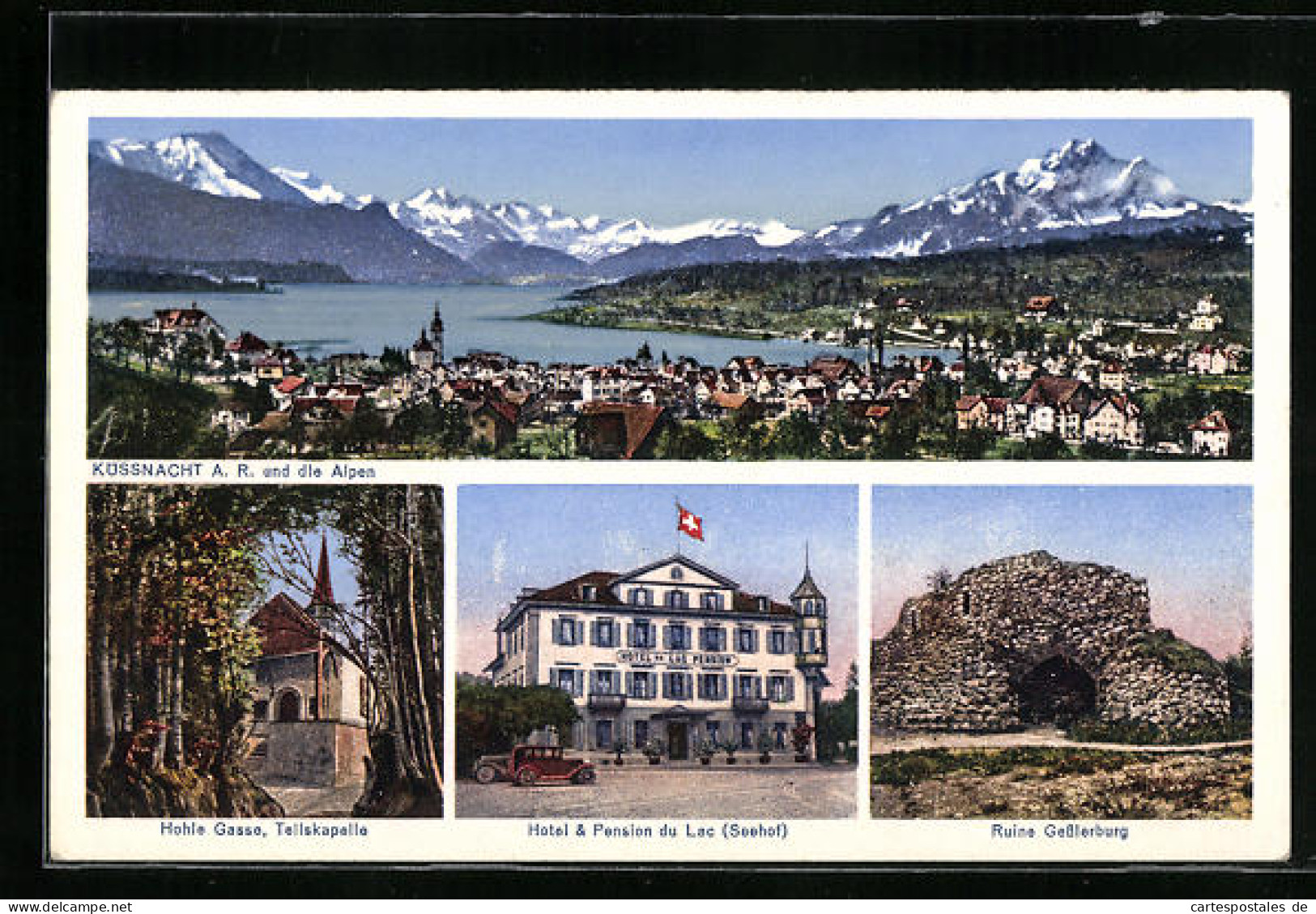 AK Küssnacht /A.-R., Hotel & Pension Du Lac Seehof, Ruine Gesslerburg, Strasse Hohle Gasse Und Tellskapelle  - Küssnacht