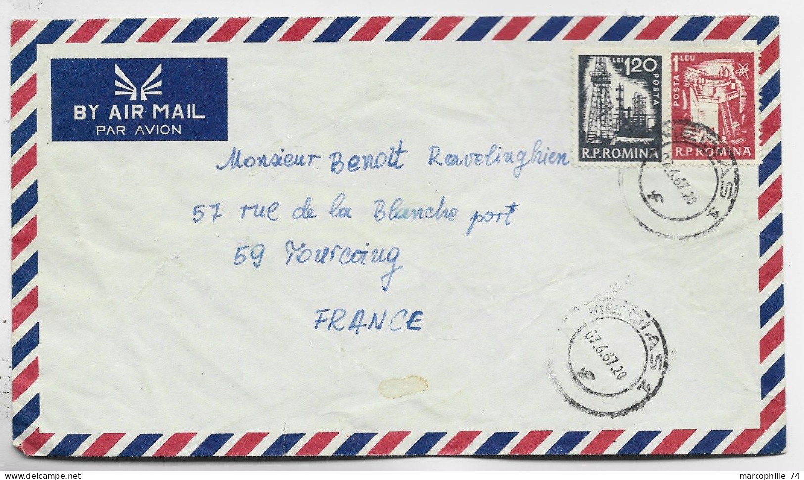 ROMANIA ROUMANIE 1.20+1 LEI LETTRE COVER AIR MAIL MIEDIAS 07.6.1967 TO FRANCE - Briefe U. Dokumente