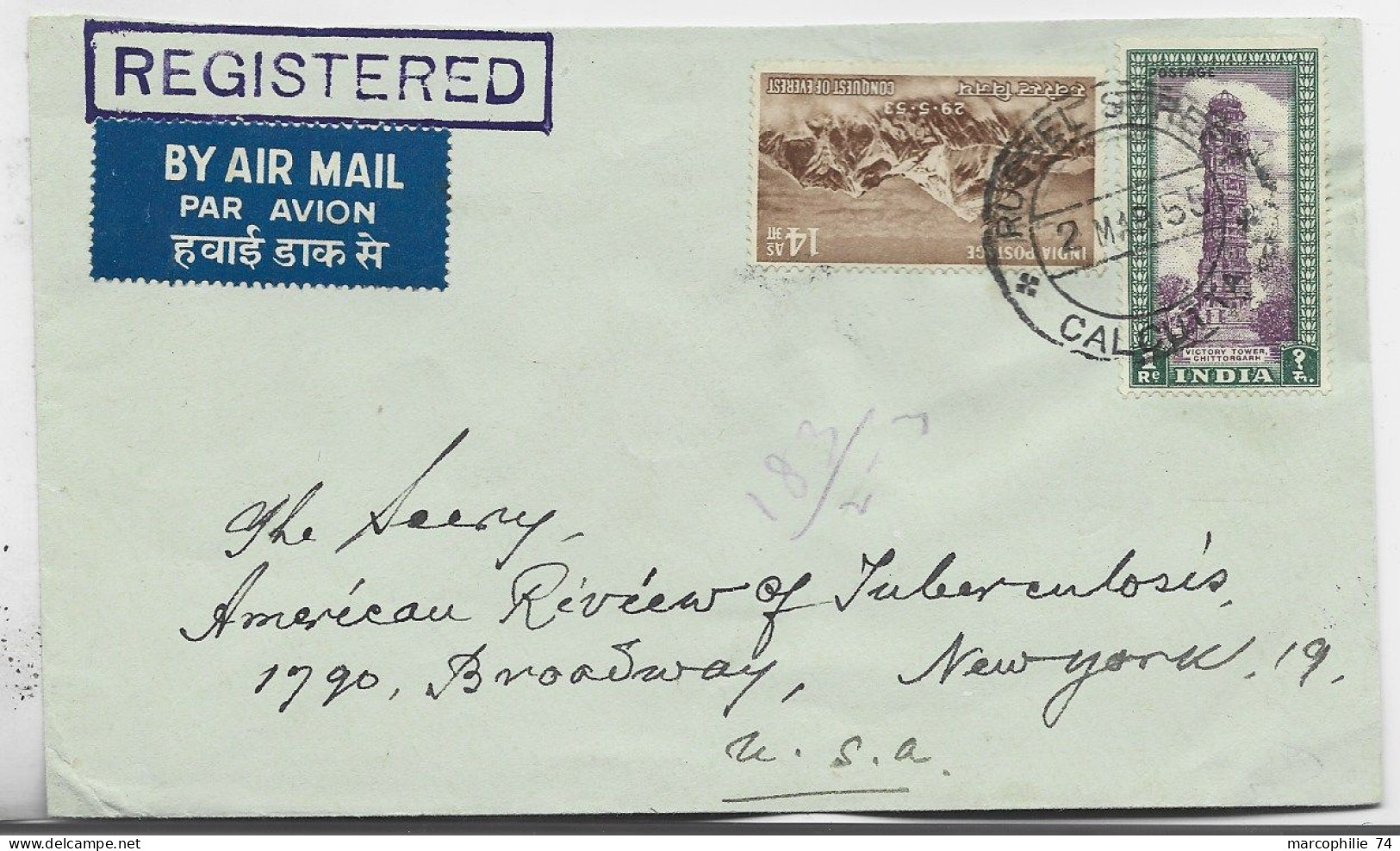 INDIA 1Re+ 14as LETTRE COVER REG AIR MAIL CALCUTTA 1955 TO USA ETATS UNIS - Cartas & Documentos