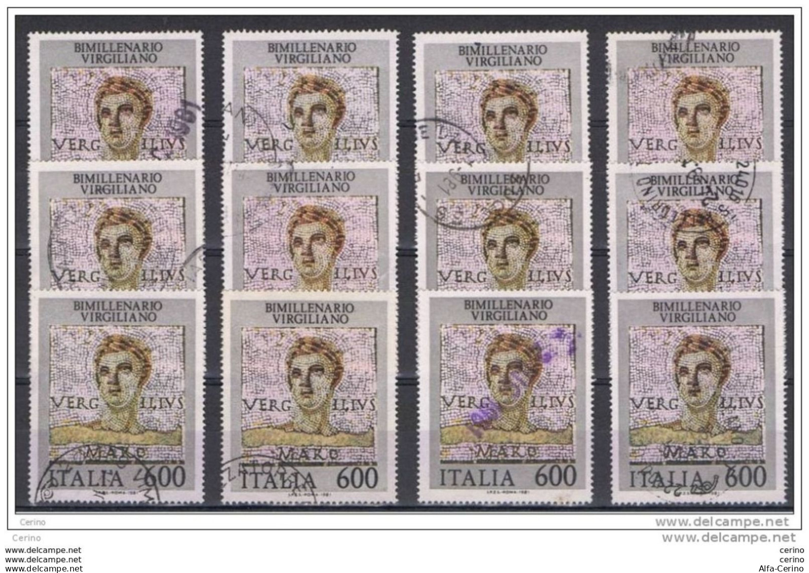 REPUBBLICA:  1981  VIRGILIO  -  £. 600  POLICROMO  US. -  RIPETUTO  12  VOLTE  -  SASS. 1575 - 1981-90: Afgestempeld