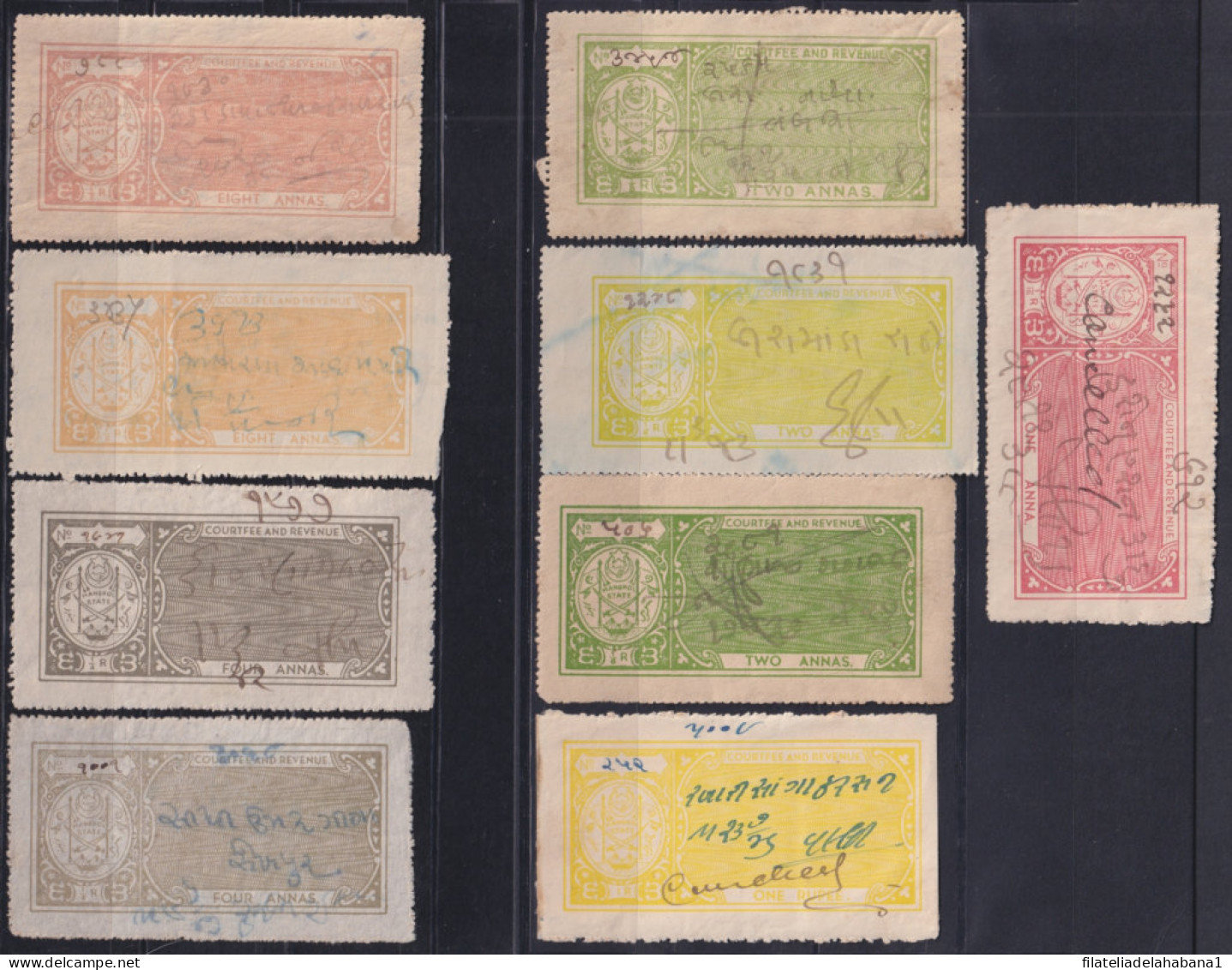 F-EX49352 INDIA LOCAL FEUDATARY RAJ REVENUE TAX. MANGROL COURT FEE 9 DIFF.  - Timbres De Service