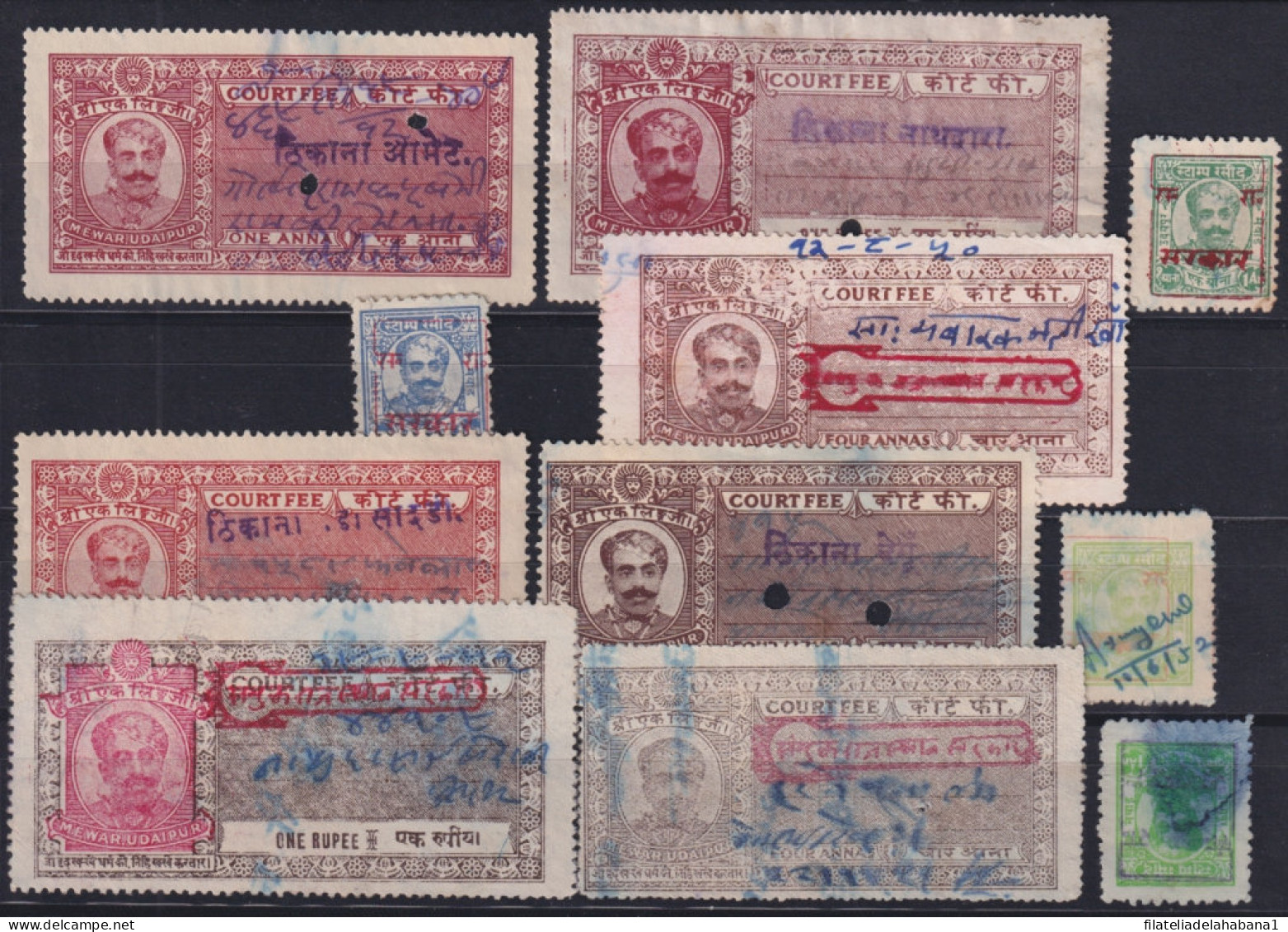 F-EX49351 INDIA LOCAL REVENUE TAX. MEWAR RAJASTHAN RED OVERPRINT TIPO IX.  - Dienstmarken