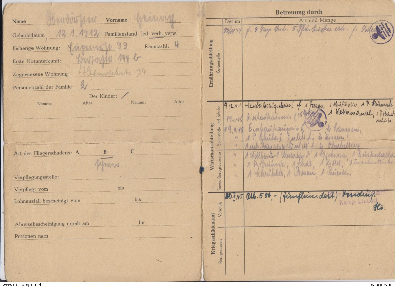 Allemagne - Ausweis Für Fliegergeschädigte  1944 - Documents