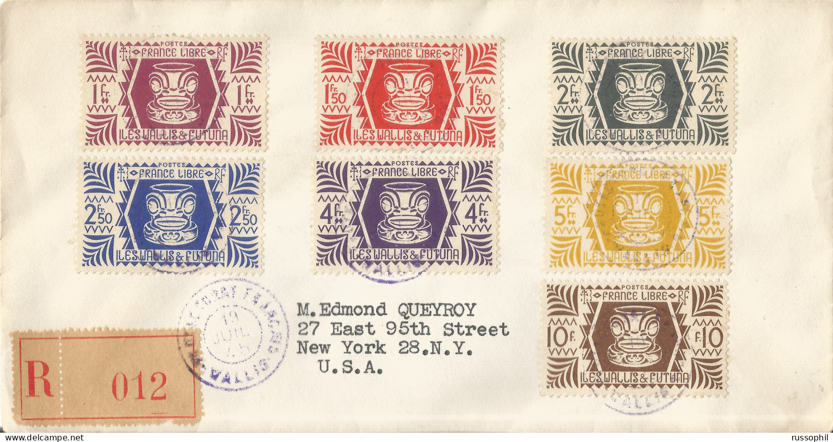 WALLIS AND FUTUNA - 7 STAMP 26 FR FRANKING "LONDON" ISSUE ON REGISTERED COVER TO THE USA - 1945 - Lettres & Documents