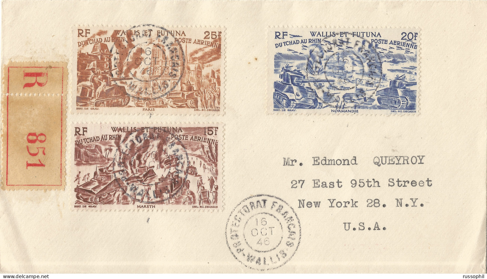 WALLIS AND FUTUNA - 60 FR FRANKING "FROM CHAD TO THE RHINE RIVER" ISSUE ON REGISTERED COVER TO THE USA - 1946 - Briefe U. Dokumente