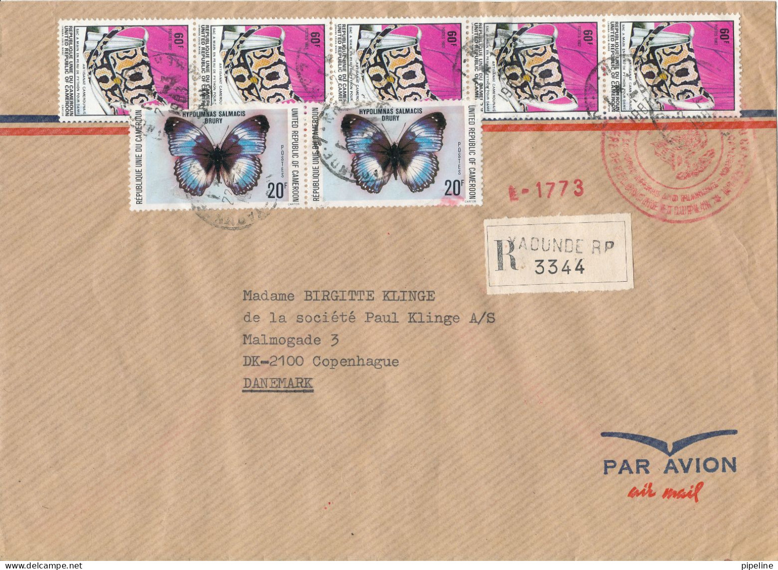 Cameroon Registered Cover Sent To Denmark 1-3-1983 Topic Stamps Butterflies And Other - Camerún (1960-...)