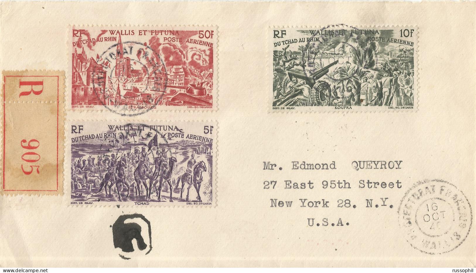 WALLIS AND FUTUNA - 65 FR FRANKING "FROM CHAD TO THE RHINE RIVER" ISSUE ON REGISTERED COVER TO THE USA - 1946 - Brieven En Documenten