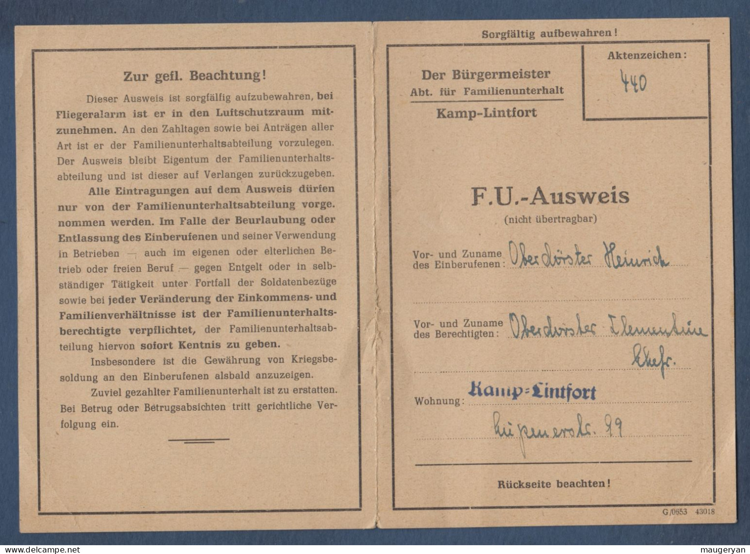 Allemagne - F.U. Ausweis   1944 - Documenti
