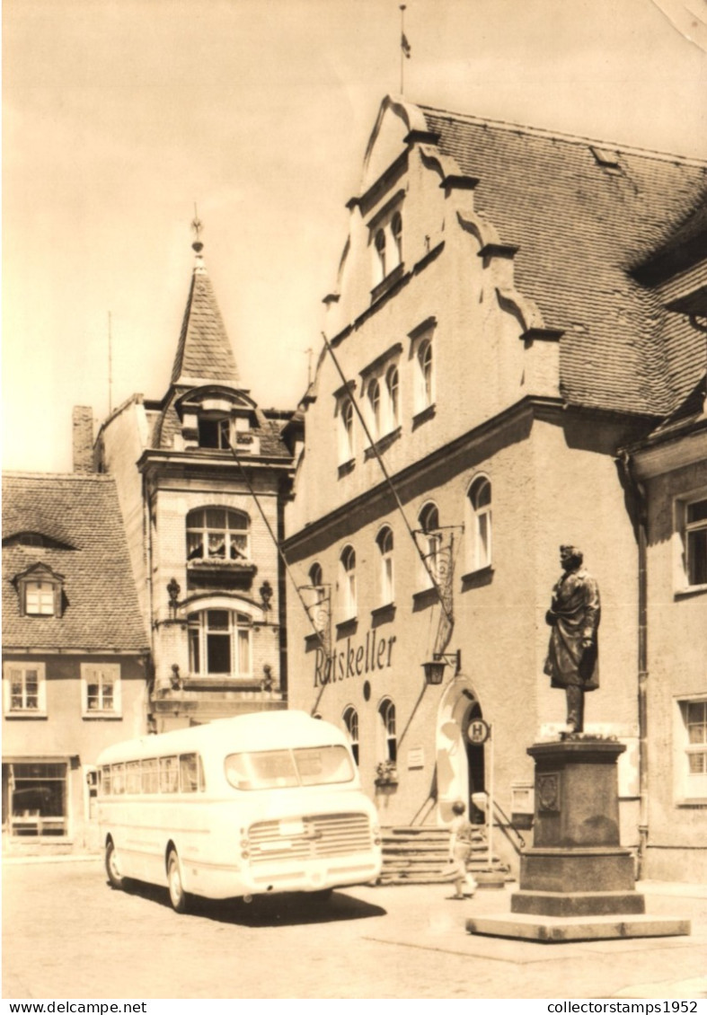 PULSNITZ, SAXONY, ARCHITECTURE, BUS, STATUE, GERMANY, POSTCARD - Pulsnitz