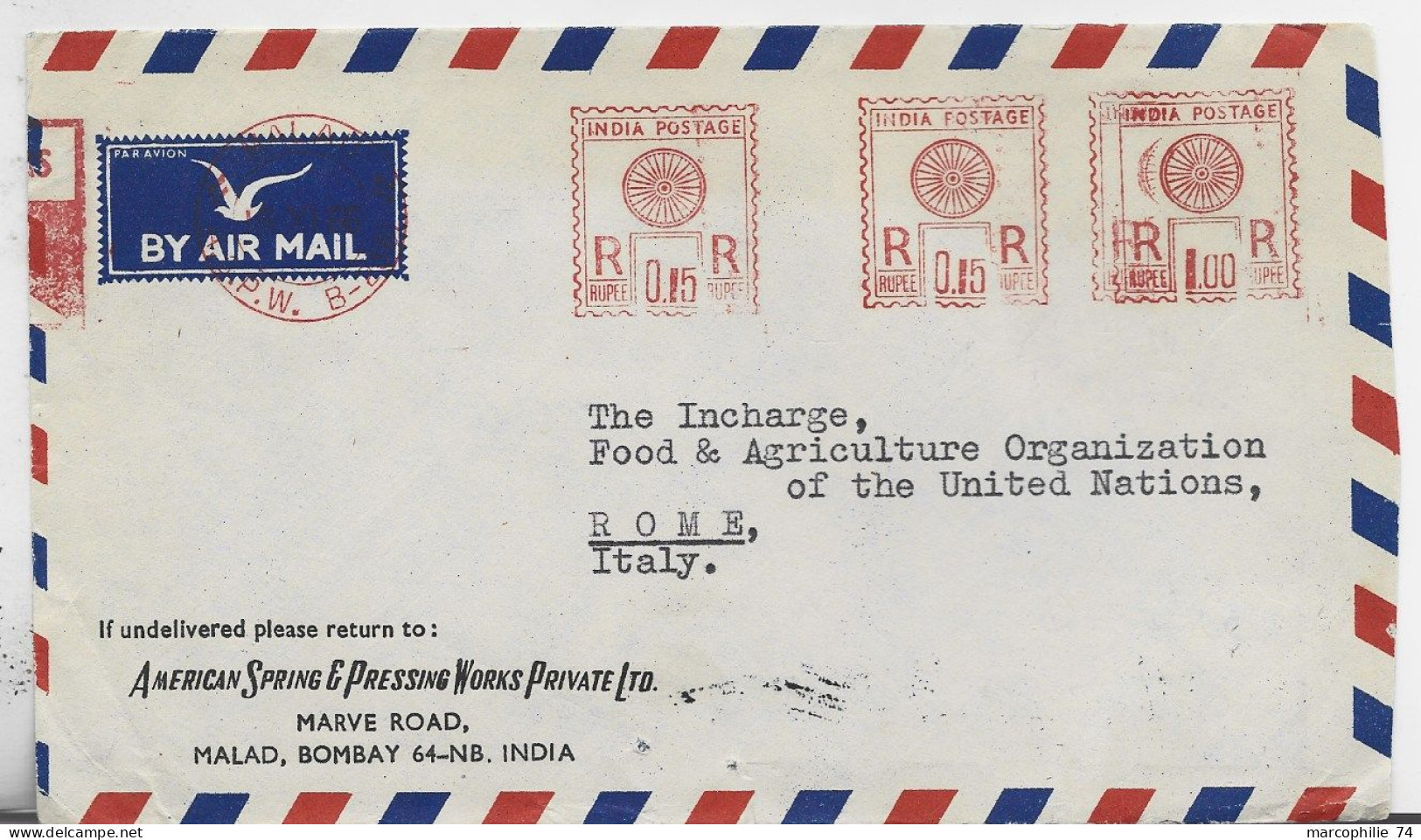 INDIA EMA RED 0.15RX2+ R 1.00 LETTRE COVER AIR MAIL BOMBAY 1966 TO UNITED NTIONS ROMA ITALIE ITALY F.A.O. - Lettres & Documents