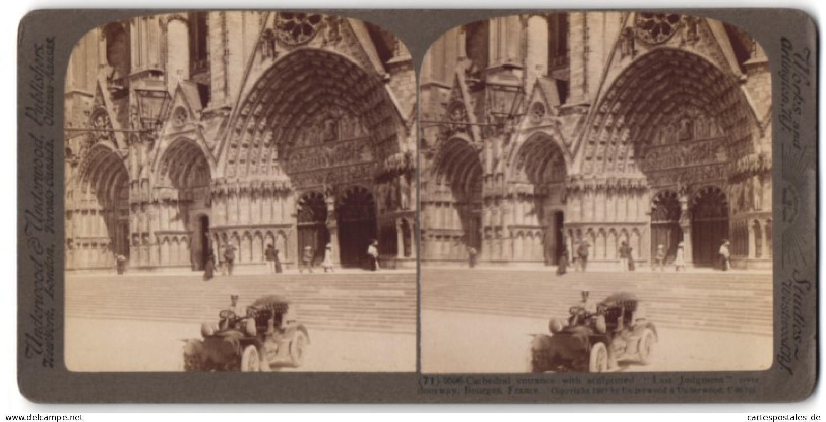 Vue Stéréoscopique-Photo Underwood & Underwood, New York,  Vue De Bourges, Cathedral Entrance With Sculptured Last J  - Stereo-Photographie