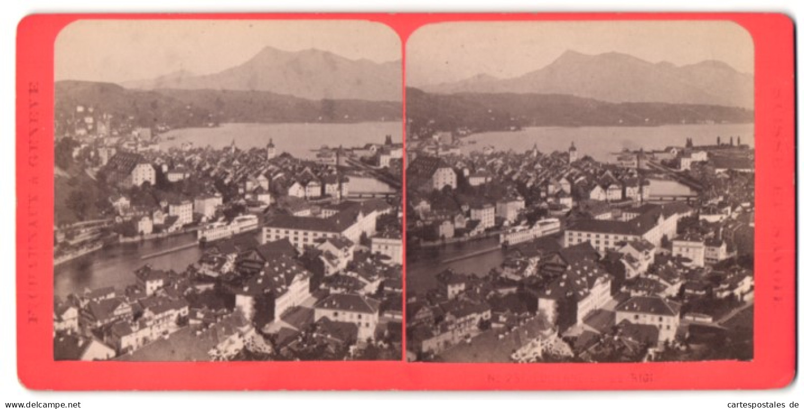 Stereo-Fotografie F. Charnaux, Geneve, Ansicht Lucerne, Blick Auf Die Stadt Und Den Rigi  - Photos Stéréoscopiques