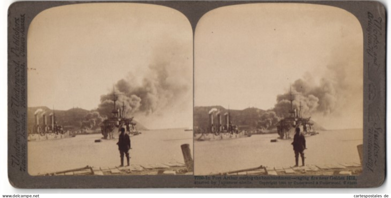 Stereo-Fotografie Underwood & Underwood, New York, Ansicht Port Arthur, Bombadierung Des Hafens Durch Japanische Gesch  - Photos Stéréoscopiques