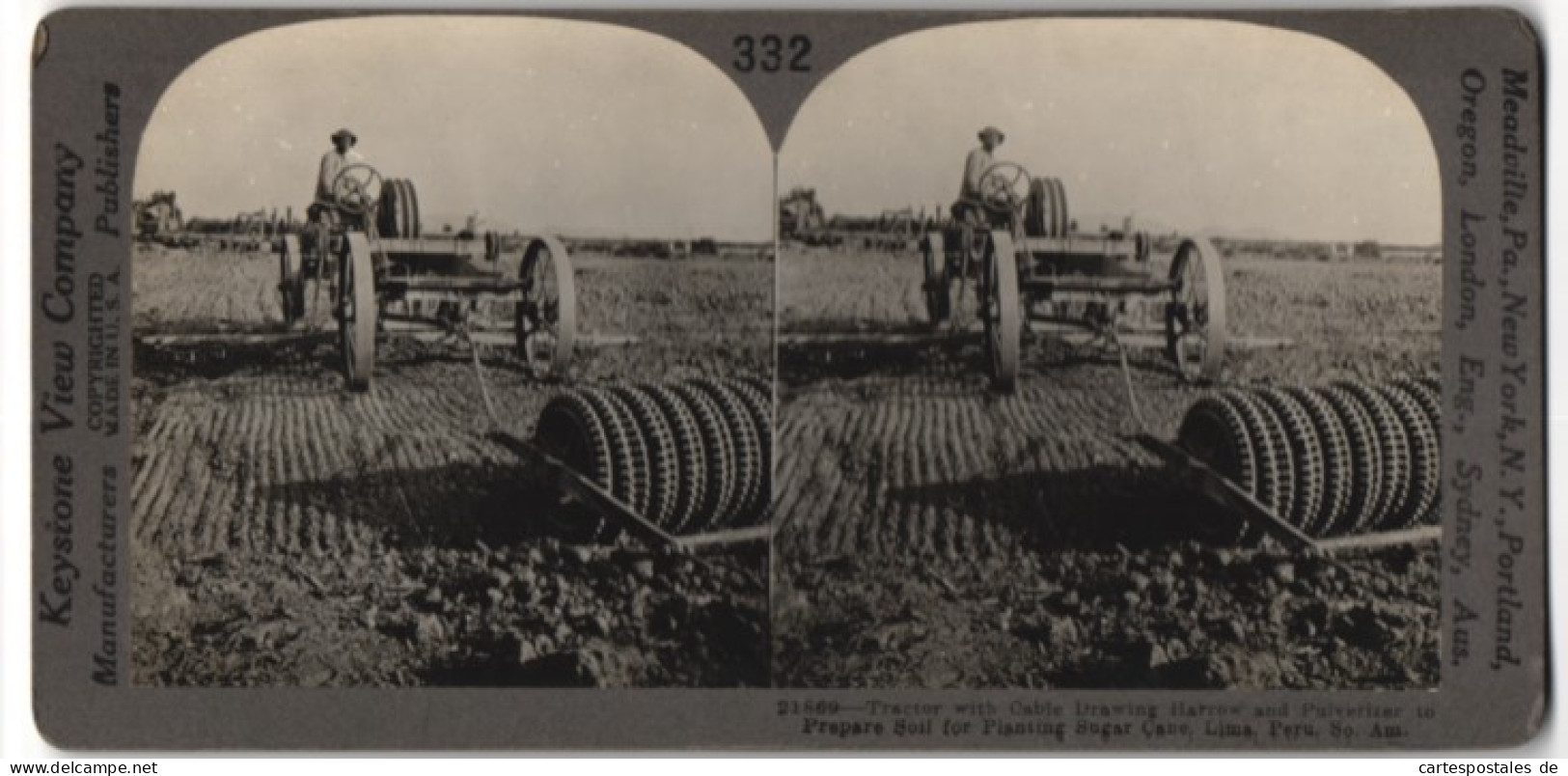 Stereo-Fotografie Keystone View Co., Meadville / PA., Tractor With Cable Drawing Harrow And Pulverizer In Lima  - Photos Stéréoscopiques