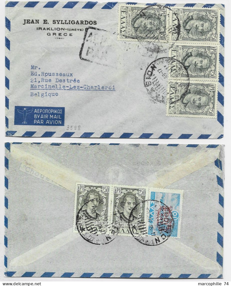 GRECE APX 2.50X4 + VERSO LETTRE COVER AVION IRAKLION 1948 TO BELGIQUE - Briefe U. Dokumente