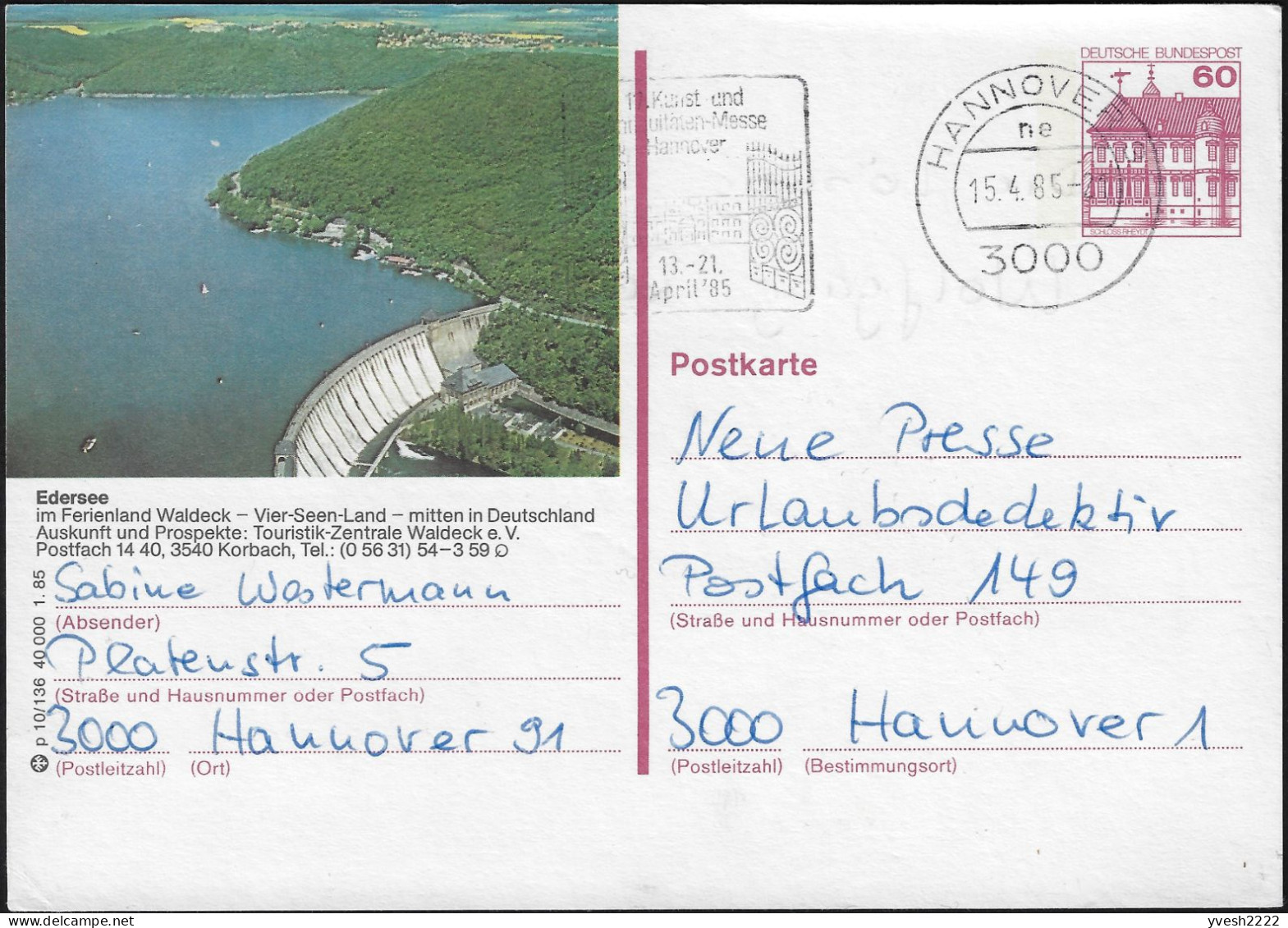 Allemagne 1985. Entier Postal Touristique. Edersee, Lac De Barrage En Hesse - Wasser