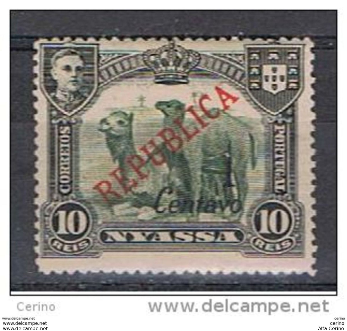 NYASSA - VARIETA':  1921  SOPRASTAMPA  II° TIPO  -  1 C./10 R.  NERO  E  VERDE  OLIVA  L. -  YV./TELL. 85 A - Nyassaland