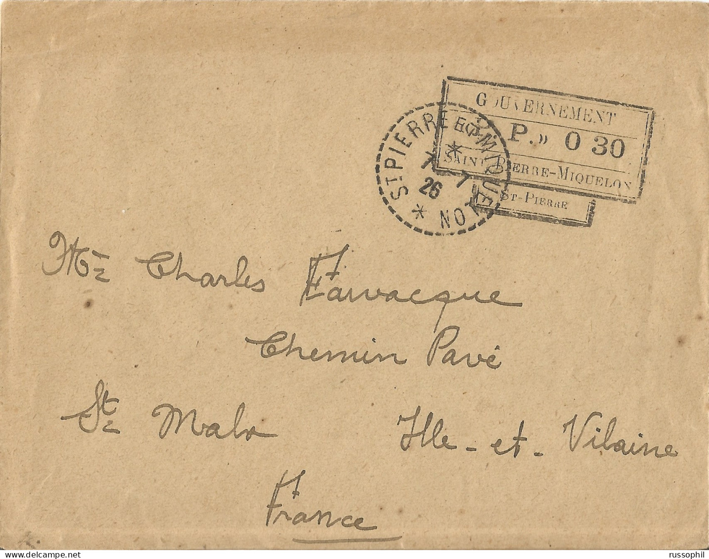 SAINT PIERRE ET MIQUELON - 30 CENT "PORT PAYE - POST PAID - PP" COVER TO FRANCE - 1926  - Storia Postale