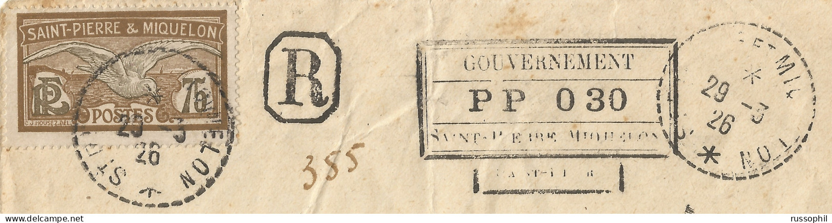 SAINT PIERRE ET MIQUELON - 30 CENT "PORT PAYE - POST PAID - PP" REGISTERED COVER TO FRANCE - 1926  - Brieven En Documenten