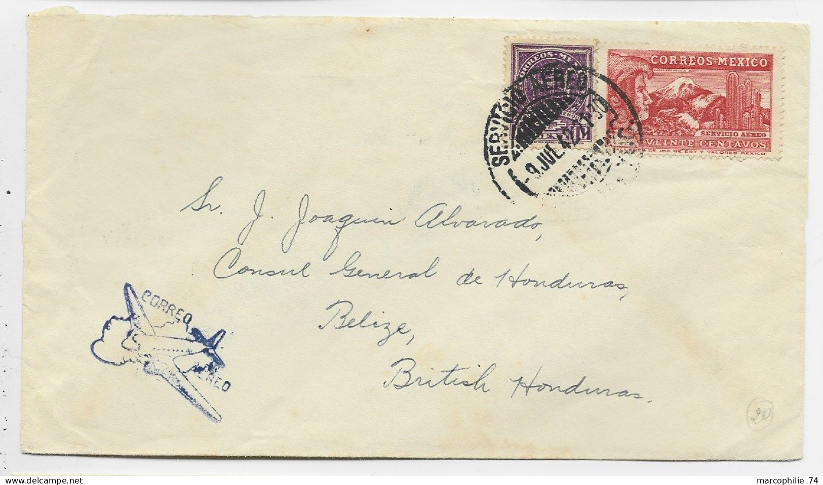 MEXICO 10C+ 20C AEREO LETTRE COVER AVION SERVICIO 9 JUL 1942 TO BELZE BRITISH HONDURAS - Mexique