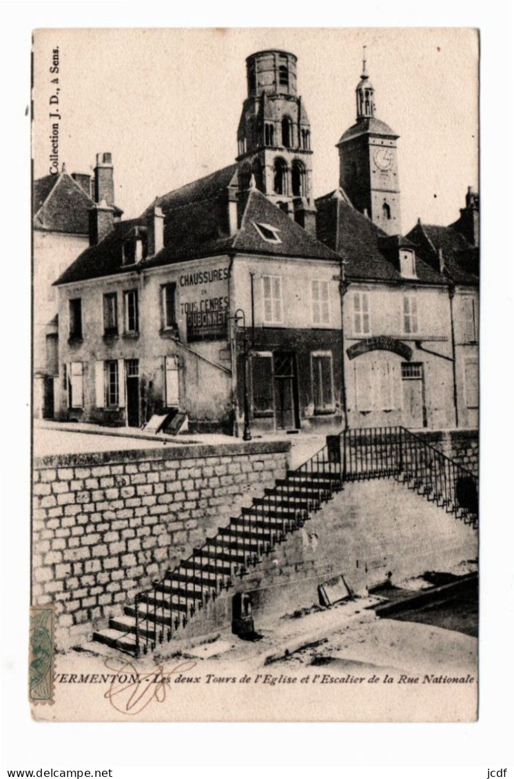 89 VERMENTON Les Deux Tours De L'Eglise Et L'Escalier De La Rue Nationale - Coll J.D - Magasin De Chaussures - Dubonnet - Vermenton