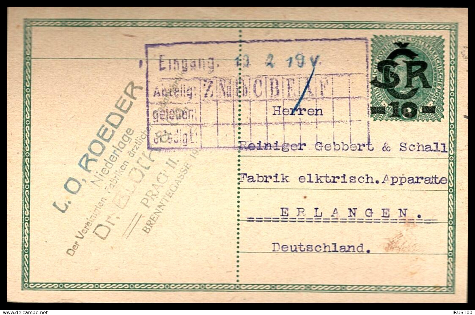 ENTIER POSTALD'AUTRICHE - SURCHARGE SCR 10 - 1919 - POUR ERLANGEN - Cartes-lettres