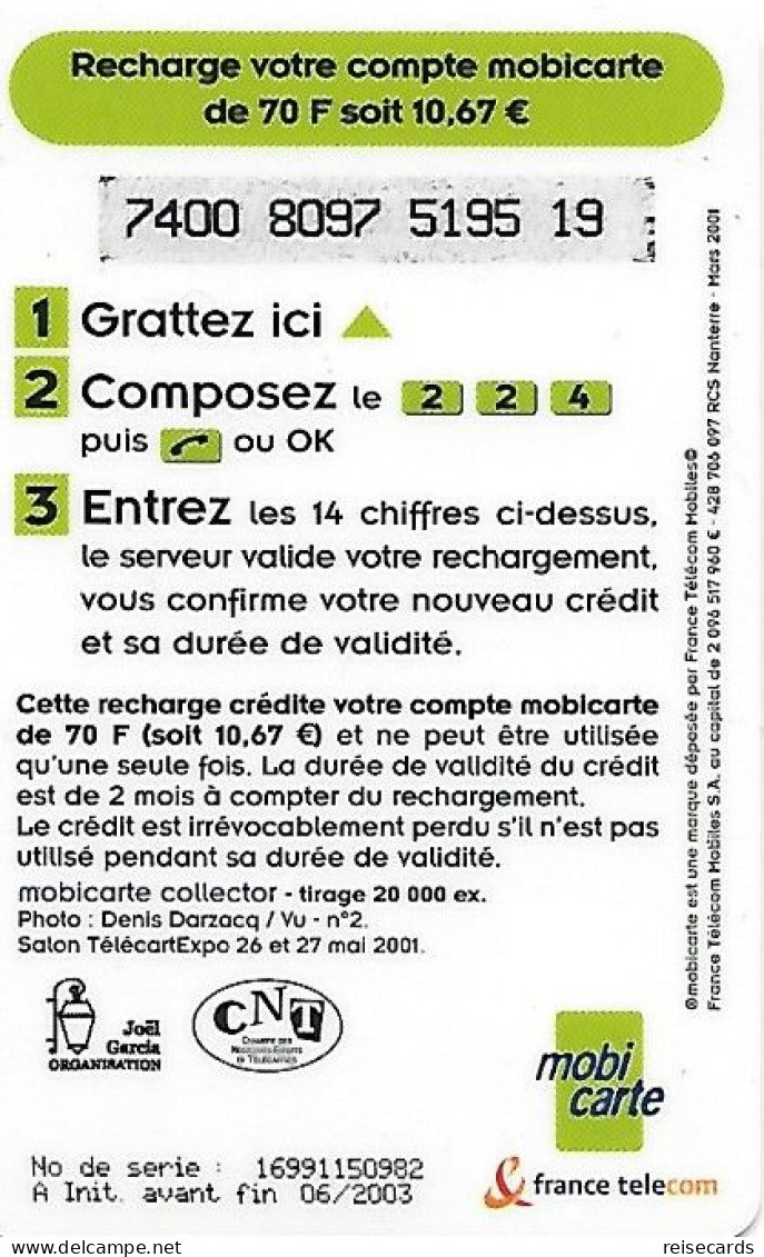 France: France Telecom, Recharge Mobicarte - TélécarteExpo Paris 2001 - Nachladekarten (Refill)