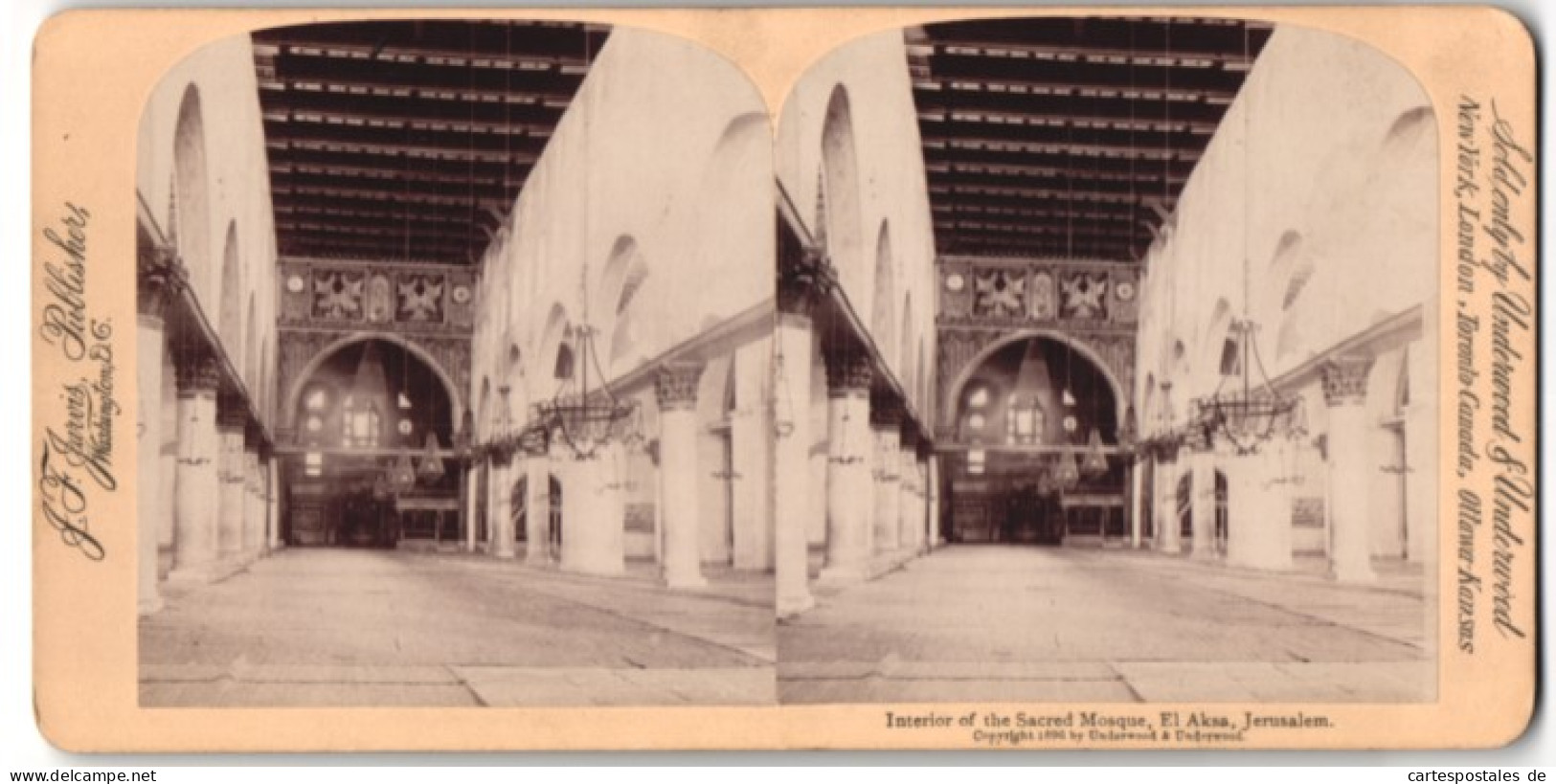 Stereo-Fotografie Underwood & Underwood, New York, Ansicht Jerusalem, El Aksa Moschee Innenansicht  - Photos Stéréoscopiques