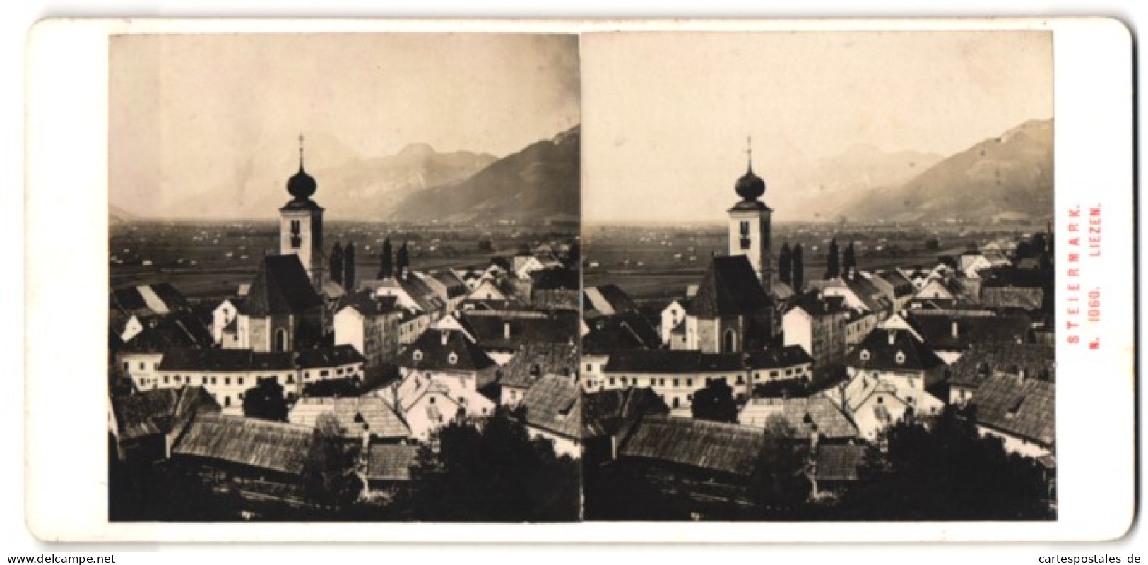 Stereo-Fotografie Alois Beer, Klagenfurt, Ansicht Liezen / Steiermark, Ortsansicht Mit Kirche  - Photos Stéréoscopiques