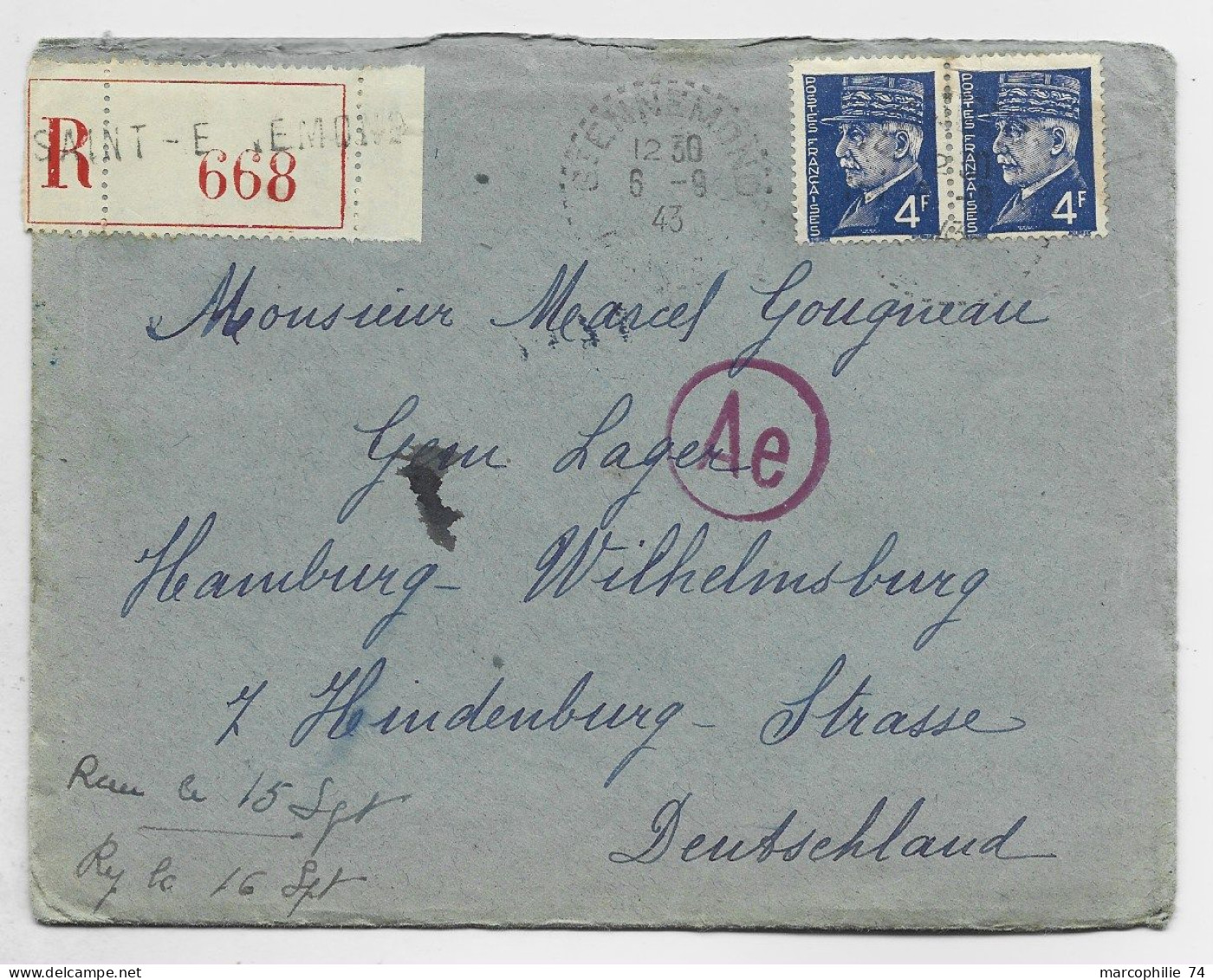 FRANCE PETAIN 4FR PAIRE LETTRE COVER REC BRIEF C. PERLE SI ENNEMONT 6.9.1943 ALLIER PRISONNIER HINDENBURG GERMANY CENSUR - 1941-42 Pétain