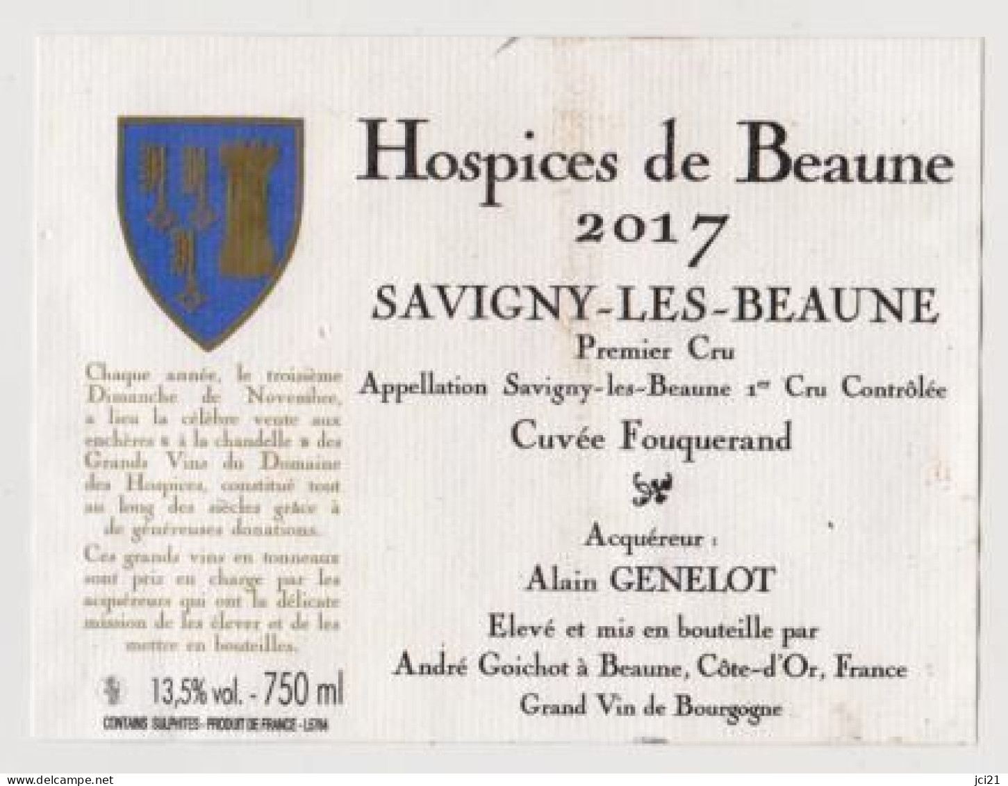 Etiquette HOSPICES DE BEAUNE " SAVIGNY LES BEAUNE 1er Cru 2017 - Cuvée Fouquerand " (1226)_ev688 - Bourgogne