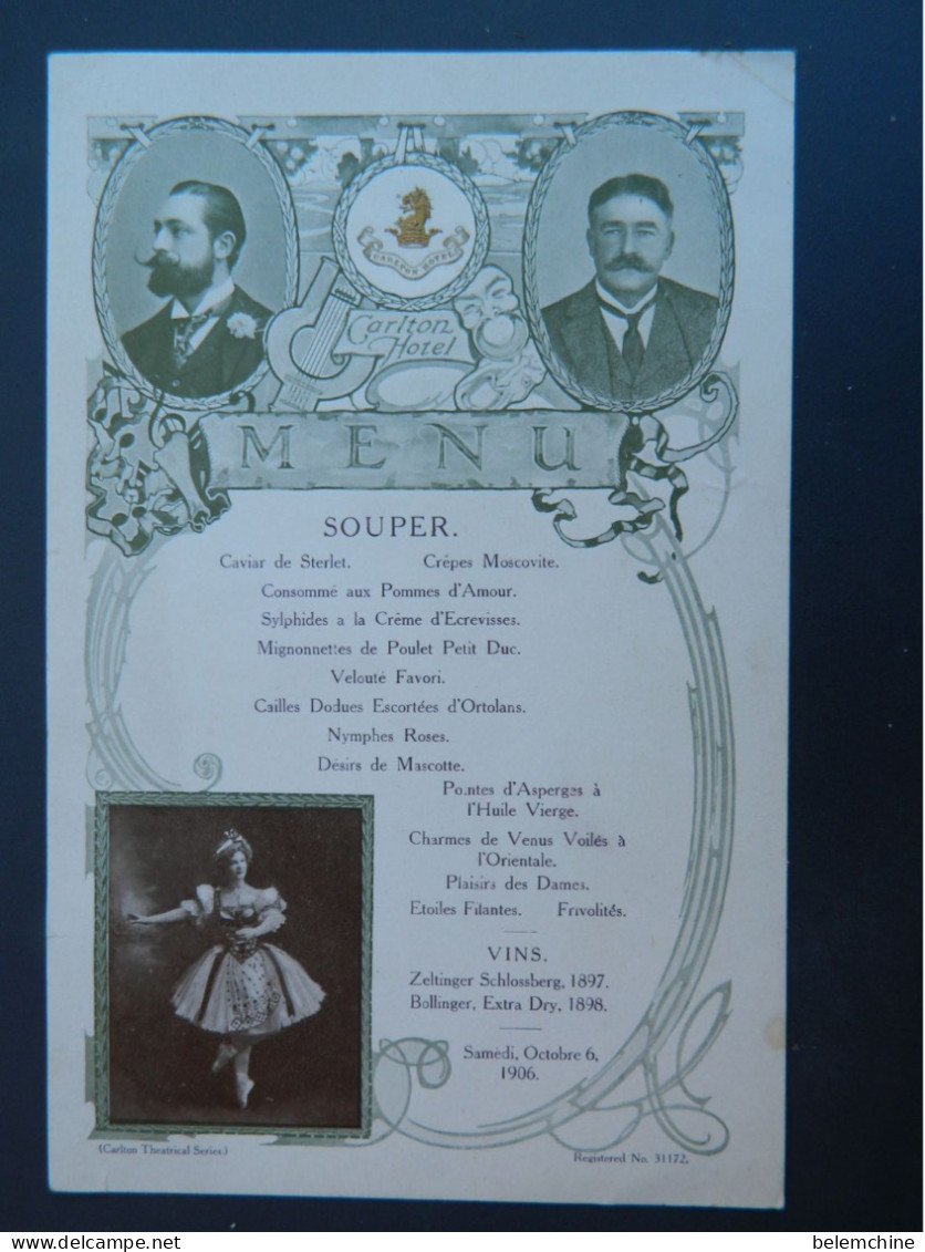 MENU DU CARLTON HOTEL LE SAMEDI 6 OCTOBRE 1906        ( CARLTON THEATRICAL SERIES )       ( Petite Pliure D'angle) - Menu