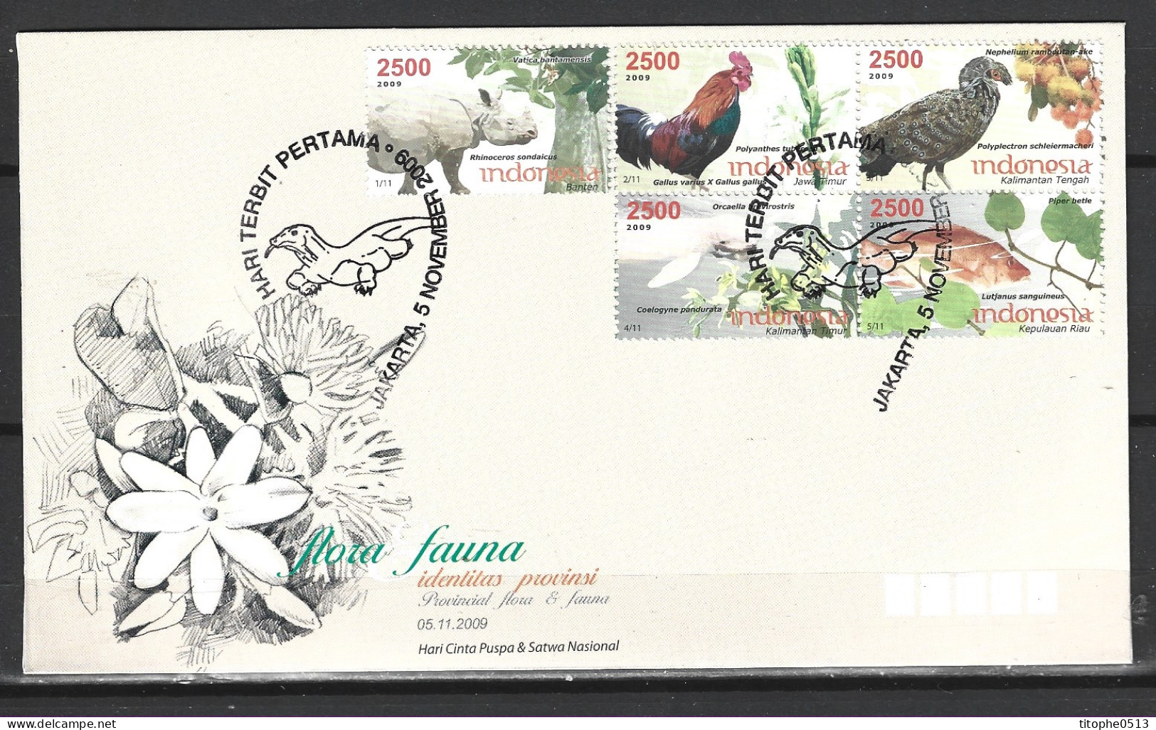 INDONESIE. N°2441-5 De 2009 Sur Enveloppe 1er Jour. Coq/Rhinocéros. - Gallináceos & Faisanes