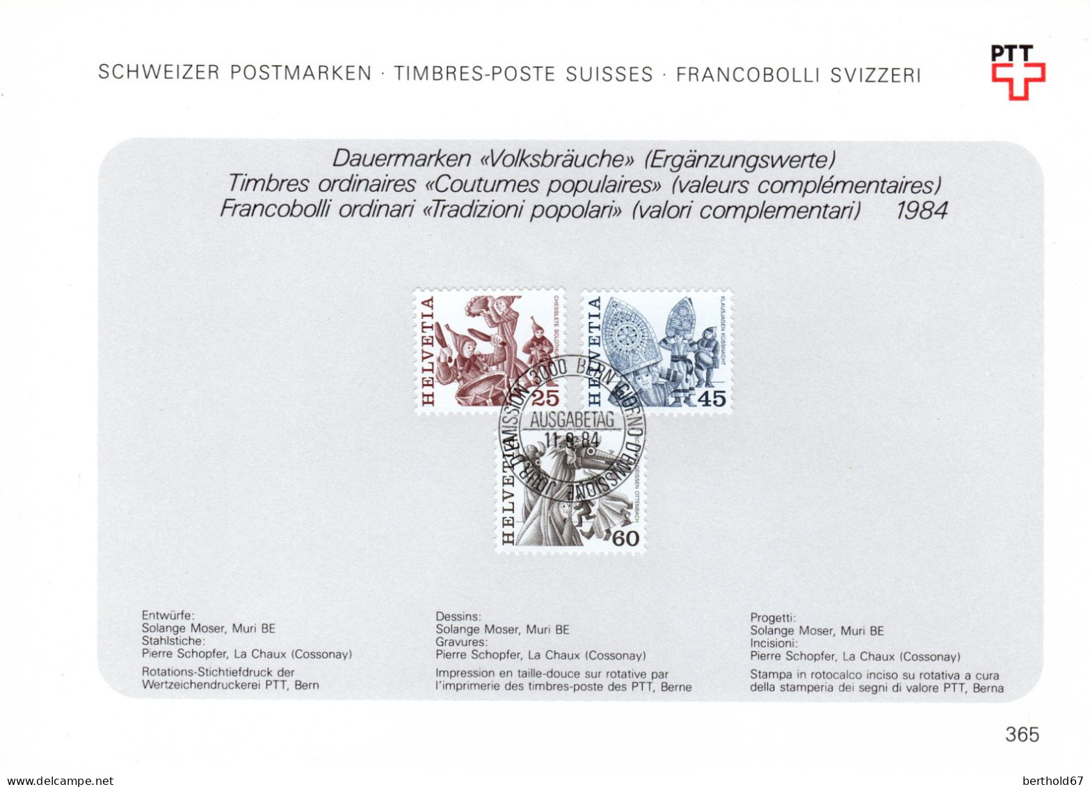 Suisse Poste Obl Yv:1209/1211 Traditions Populaires Bern 11-9-84 Feuillet PTT Fdc - FDC