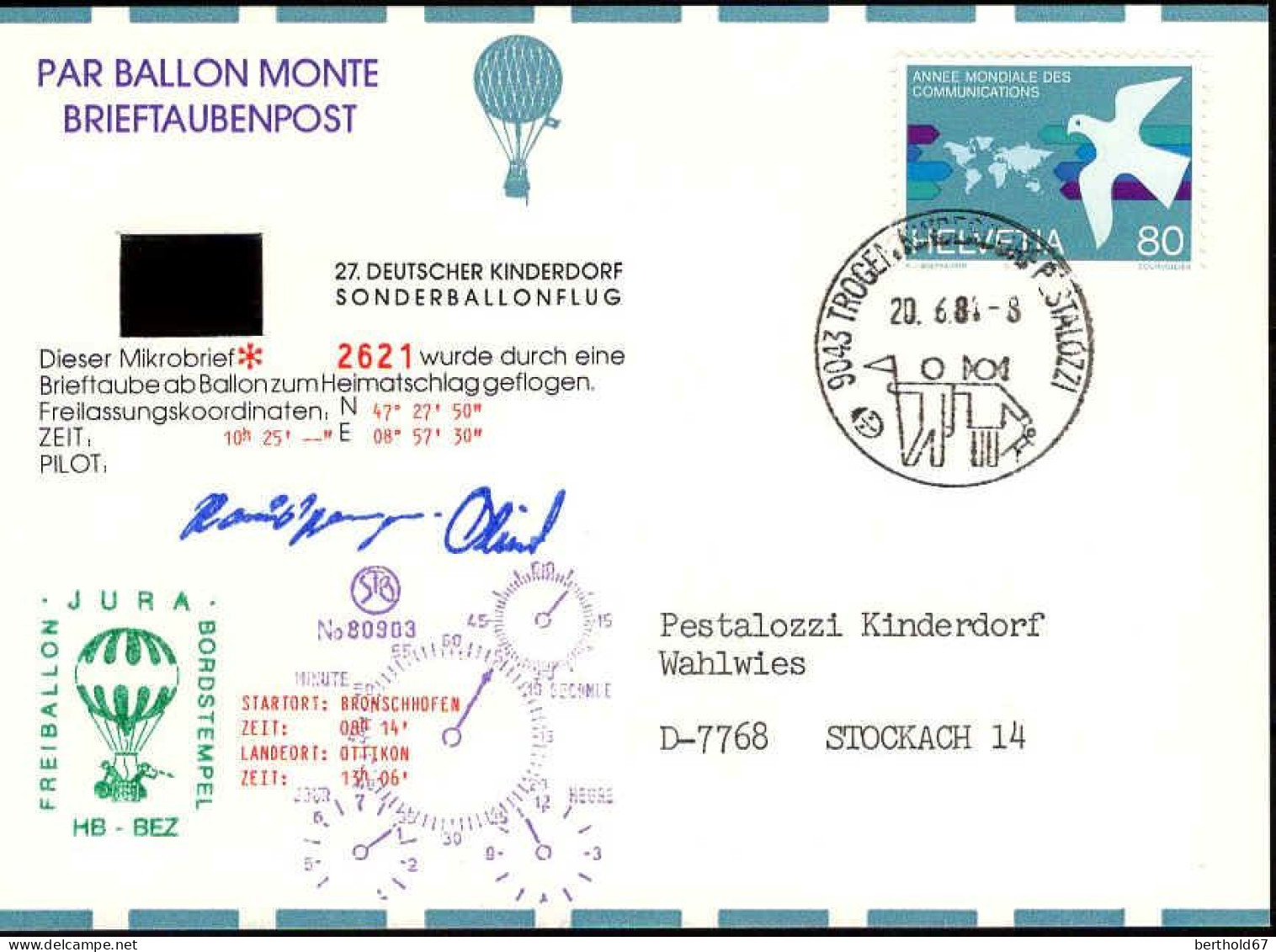 Suisse Poste Obl Yv:1188 27.Deutscher Kinderdorf Sonderballonflug (TB Cachet à Date) - Briefe U. Dokumente