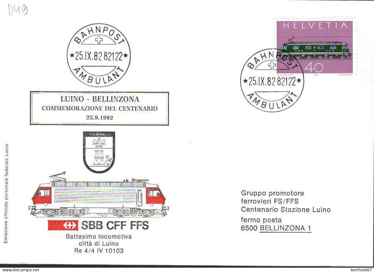 Suisse Poste Obl Yv:1149 Luino-Bellinzona Commemorazione Del Centenario 25.XI.82 (TB Cachet à Date) - Storia Postale