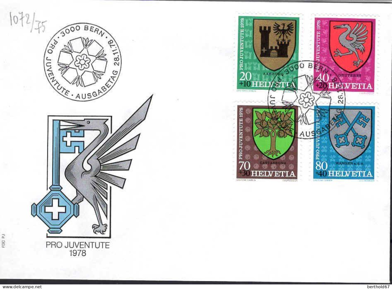 Suisse Poste Obl Yv:1072/1075 Pro Juventute Armoiries Communales Bern 28-11-78 Fdc - FDC