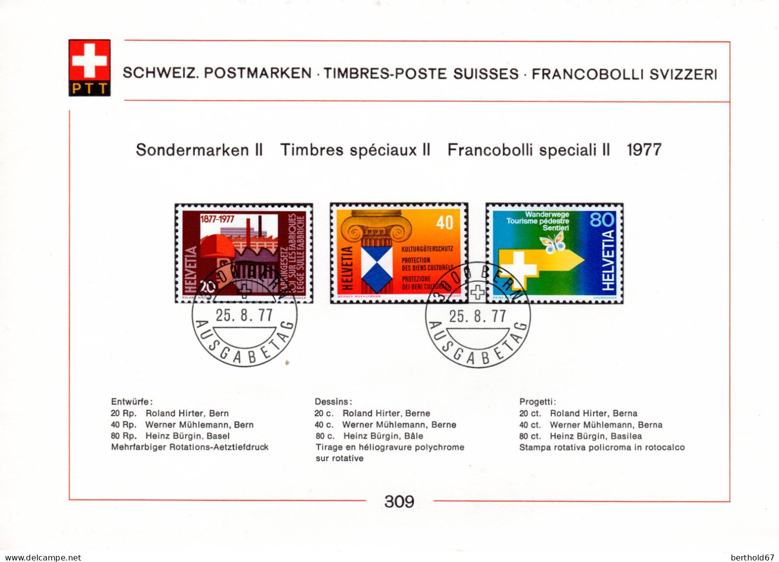 Suisse Poste Obl Yv:1030/1032 Commémorations Bern 25-8-77 Feuillet PTT Fdc - FDC
