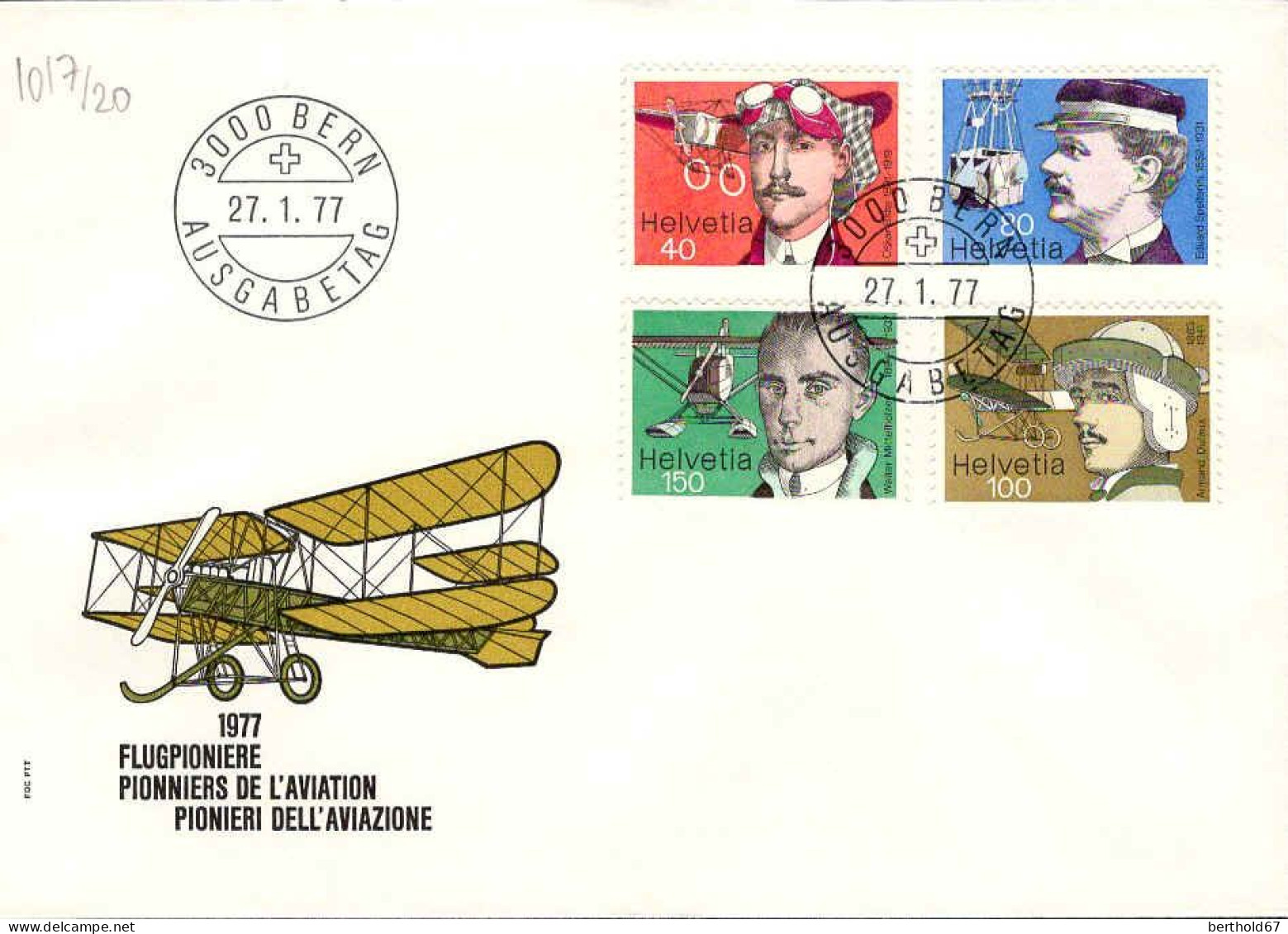 Suisse Poste Obl Yv:1017/1020 Pionniers De L'aviation Bern 27-1-77 Fdc - FDC