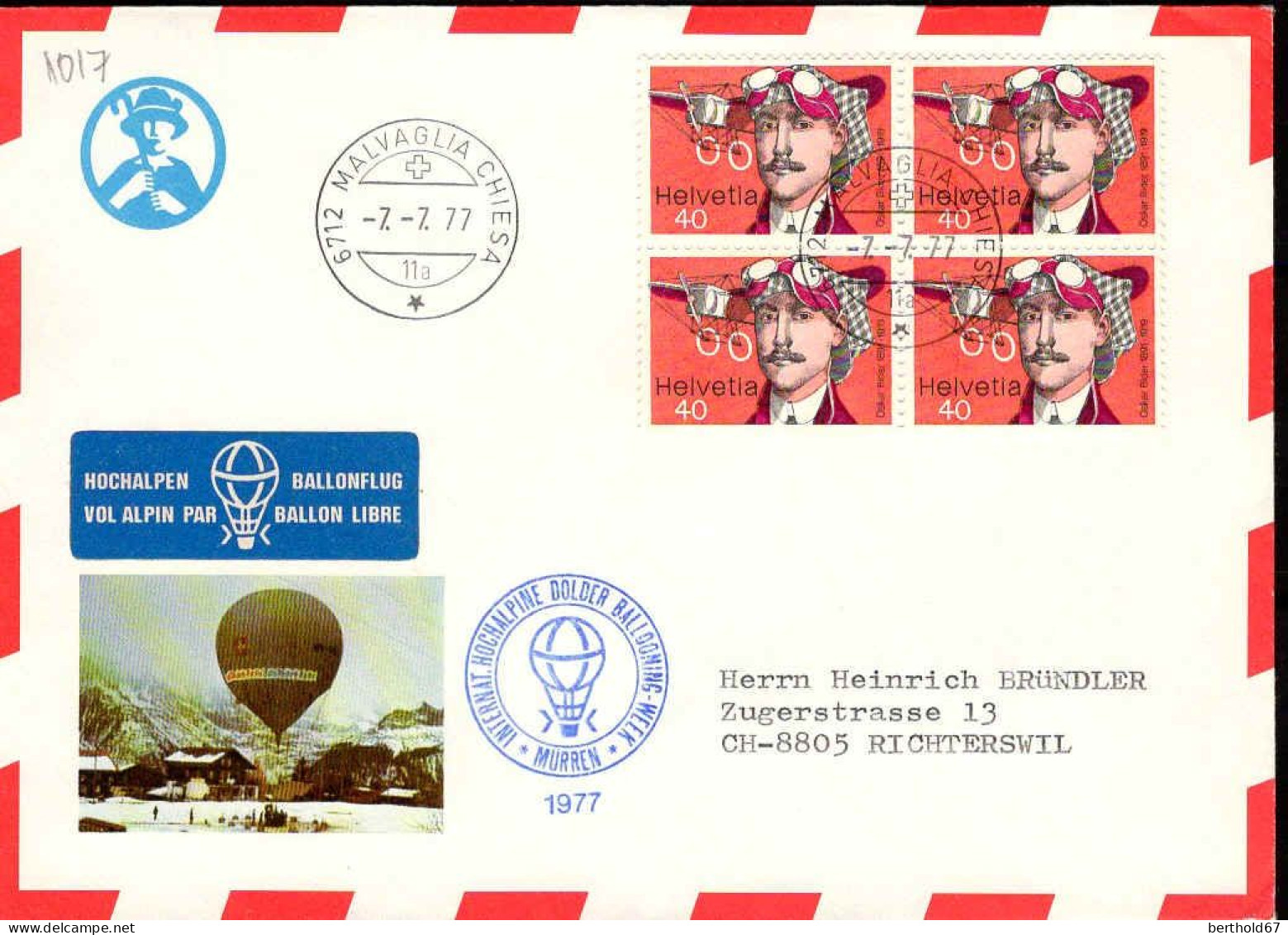 Suisse Poste Obl Yv:1017 Oskar Bider Aviateur (TB Cachet à Date) Hichalpen Ballonflug - Briefe U. Dokumente