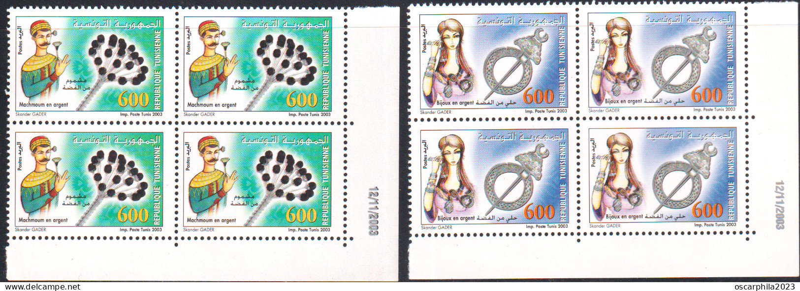 2003-Tunisie/Y&T1504-1505- Produits En Argent : Mechmoum De Fell, Khlel- Série Complète -bloc 4 C.d 8V/MNH*****+ Prospec - Tunisie (1956-...)