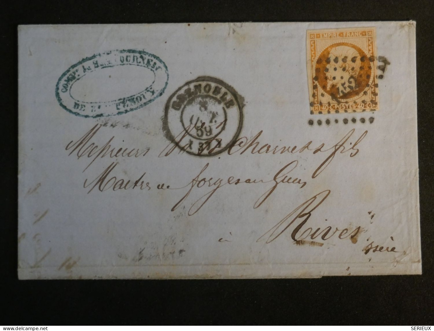 DN5  FRANCE LETTRE  1859  GRENOBLE A RIVES ISERE +NAP. 40C + AFFRANCH INTERESSANT - 1853-1860 Napoléon III