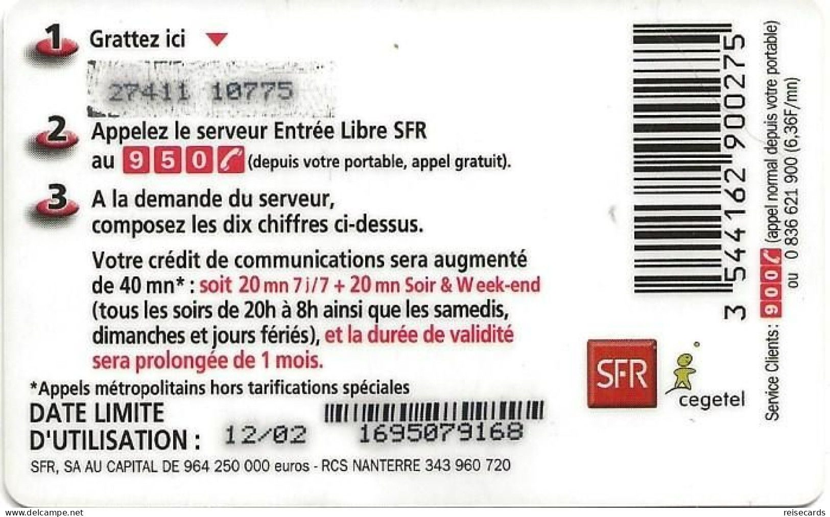 France: Recharge SFR 40 - Kaarten Voor De Telefooncel (herlaadbaar)