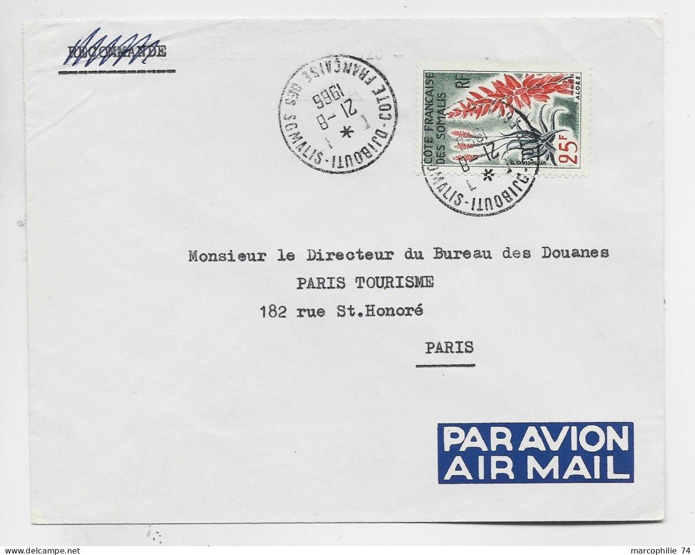 SOMALIS 25FR SOLO LETTRE AVION DJIBOUTI 21.8.1966 + VERSO COMPAGNIE MESSAGERIES MARITIMES - Somalie (1960-...)