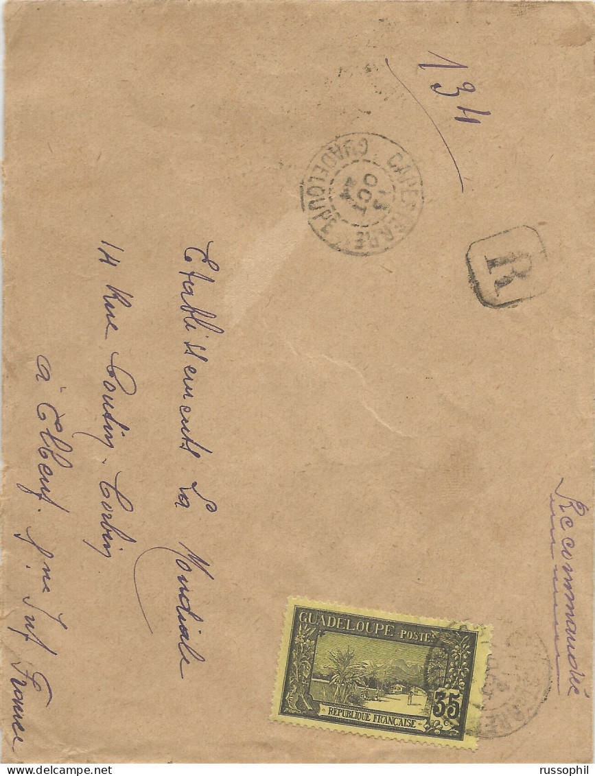 GUADELOUPE - 85 CENT. FRANKING  ON REGISTERED COVER FROM CAPESTERRE TO FRANCE - 1924 - Covers & Documents