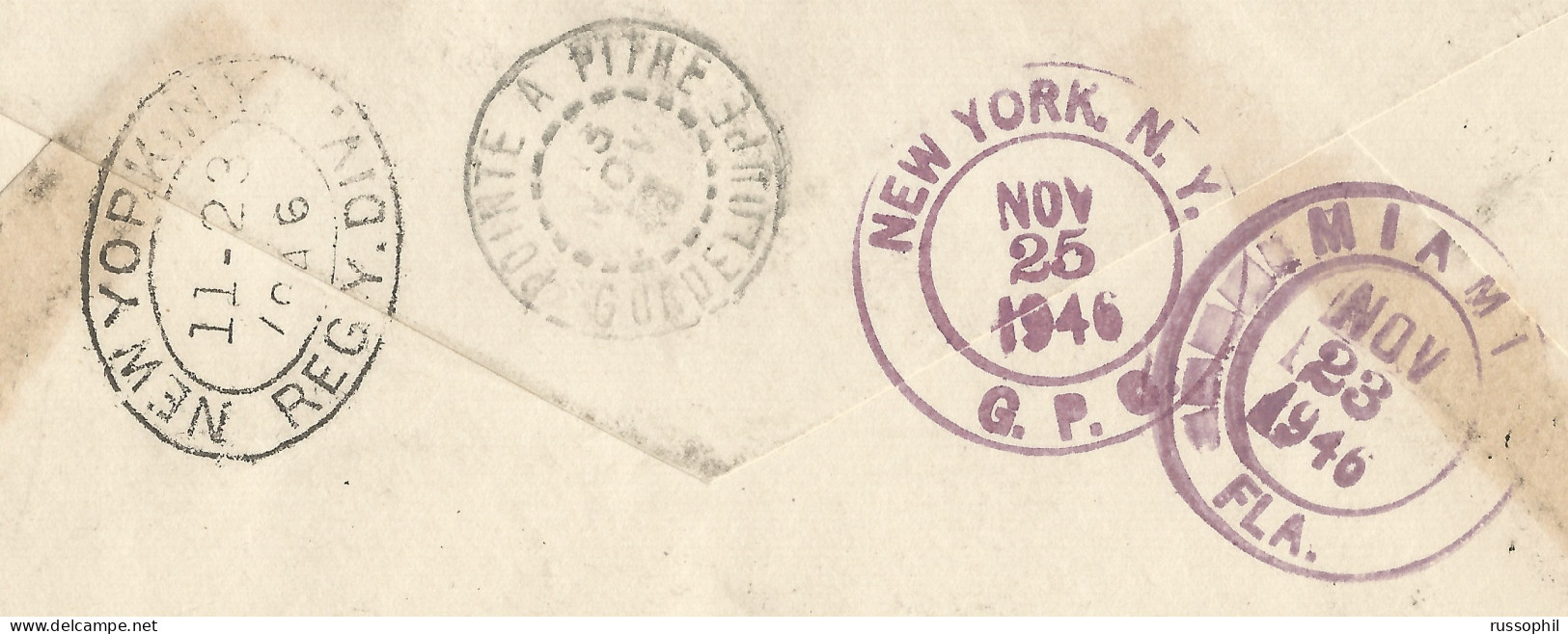 GUADELOUPE- 28 FR. 40 CENT. 9 STAMP "LONDON" ISSUE  FRANKING  ON REGISTERED AIR COVER FROM BASSE TERRE TO THE USA - 1946 - Brieven En Documenten