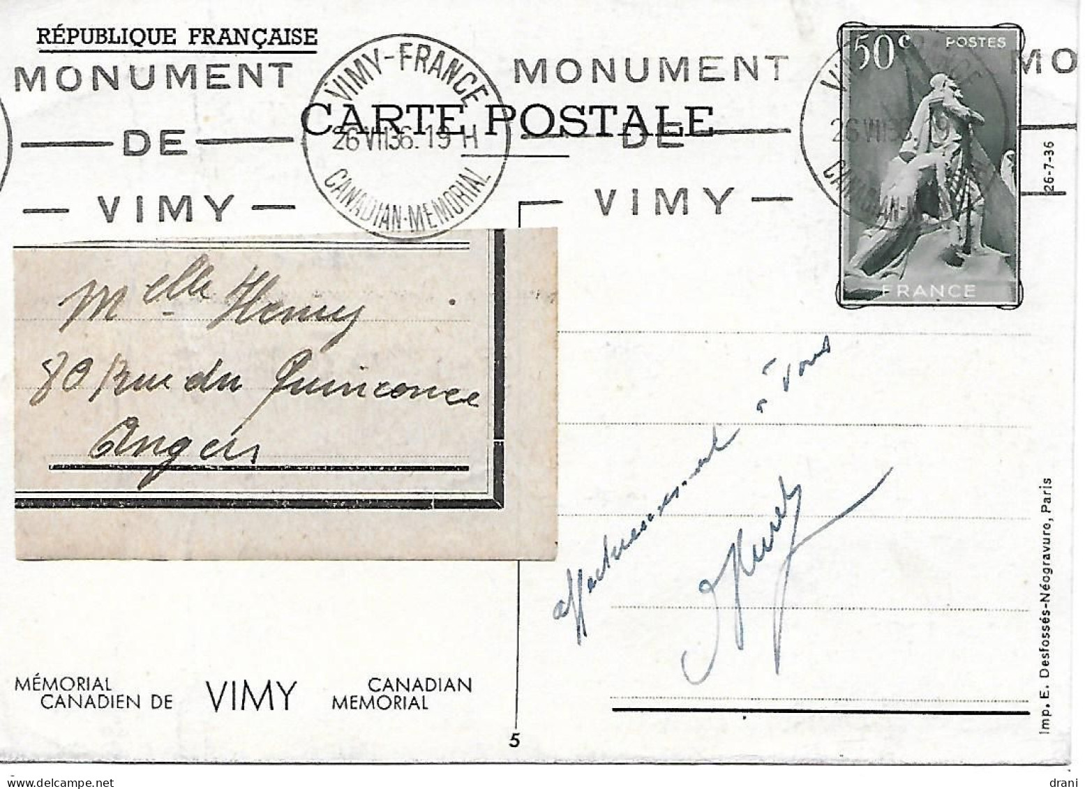 Entier Mémorial De Vimy - CaD VIMY 26VII36 - 1914-18