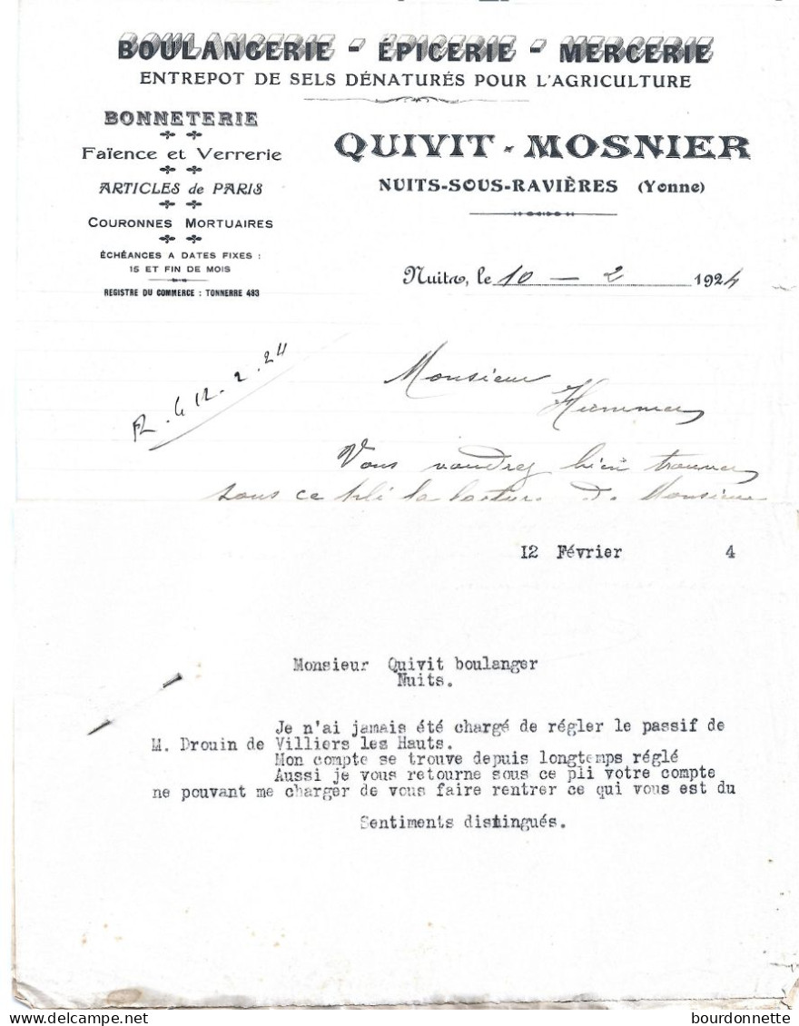 FACTURE 1924 Boulangerie  Epicerie Mercerie QUIVIT -MOSNIER -Nuits Sous Ravieres (yonne) - Alimentos