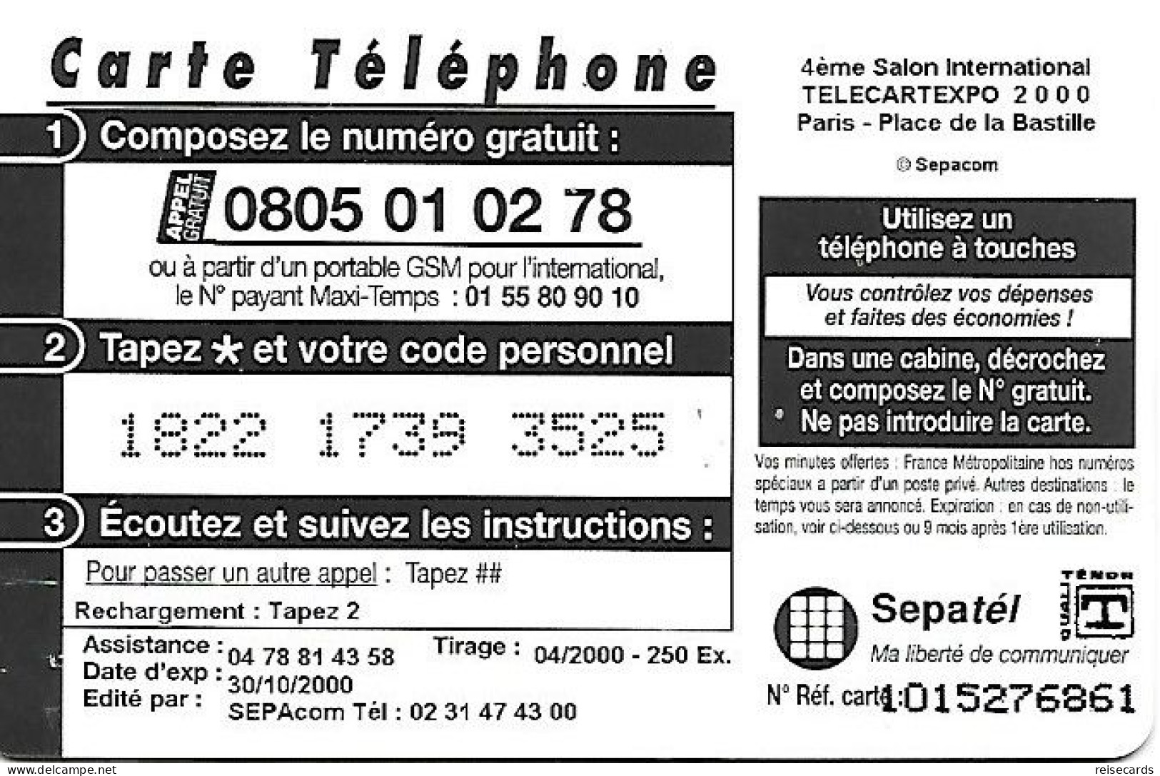 France: Prepaid Sepatél - TélécarteExpo Paris 2000, Place De La Bastille. (brillant) - Autres & Non Classés