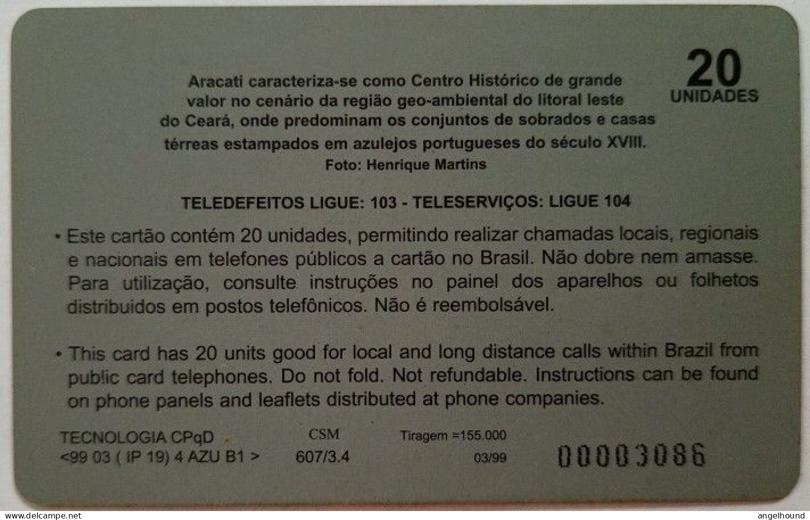 Brazil Teleceara 20 Units - Serie Patrimonio Historico Do Ceara , Aracati-Ce - Brasil